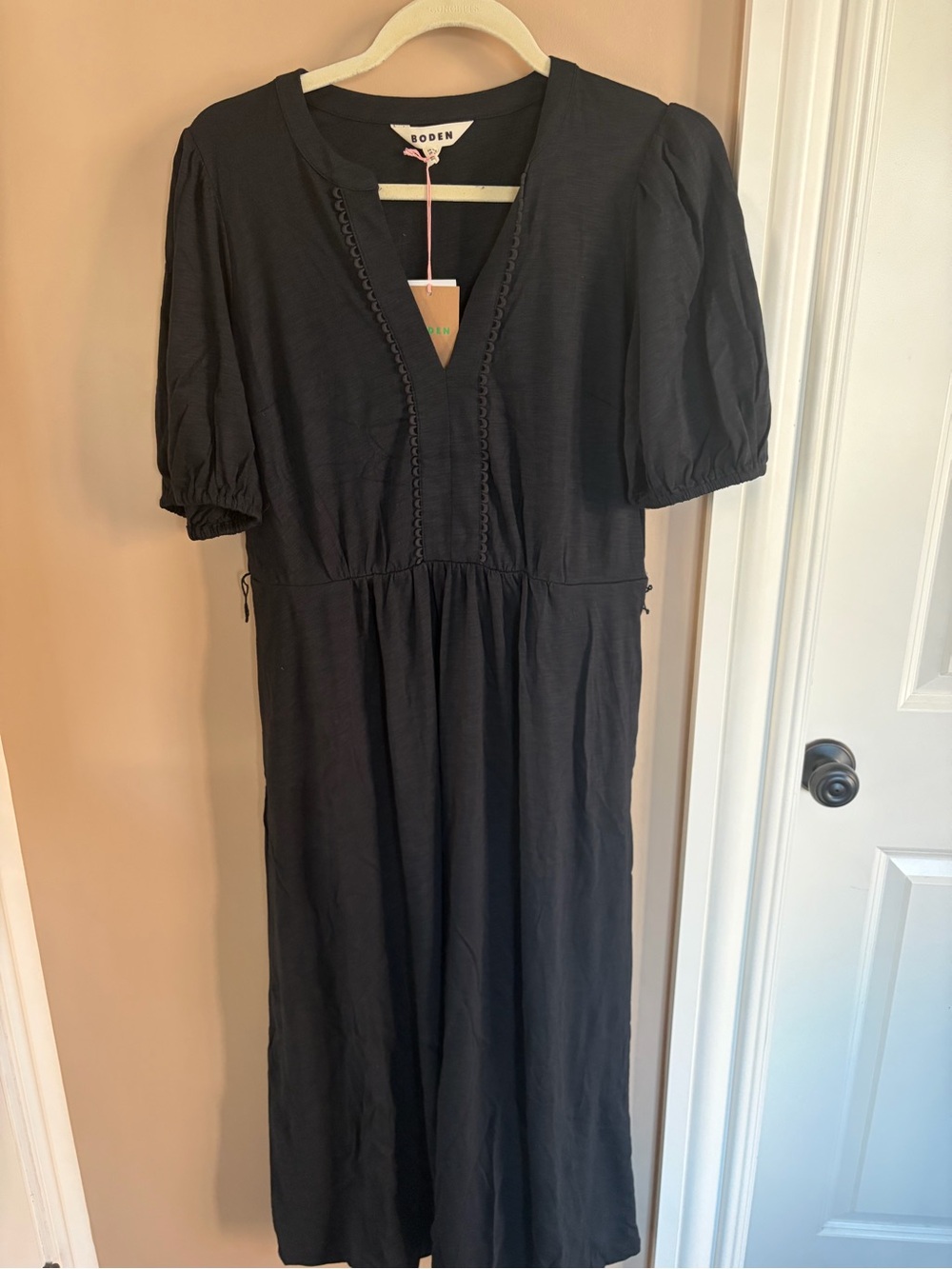 Boden Black V-Neck Midi Dress with Puff Sleeves
